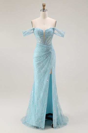 Vestido largo de fiesta con cuentas y cuentas de sirena azul con hombros descubiertos y abertura